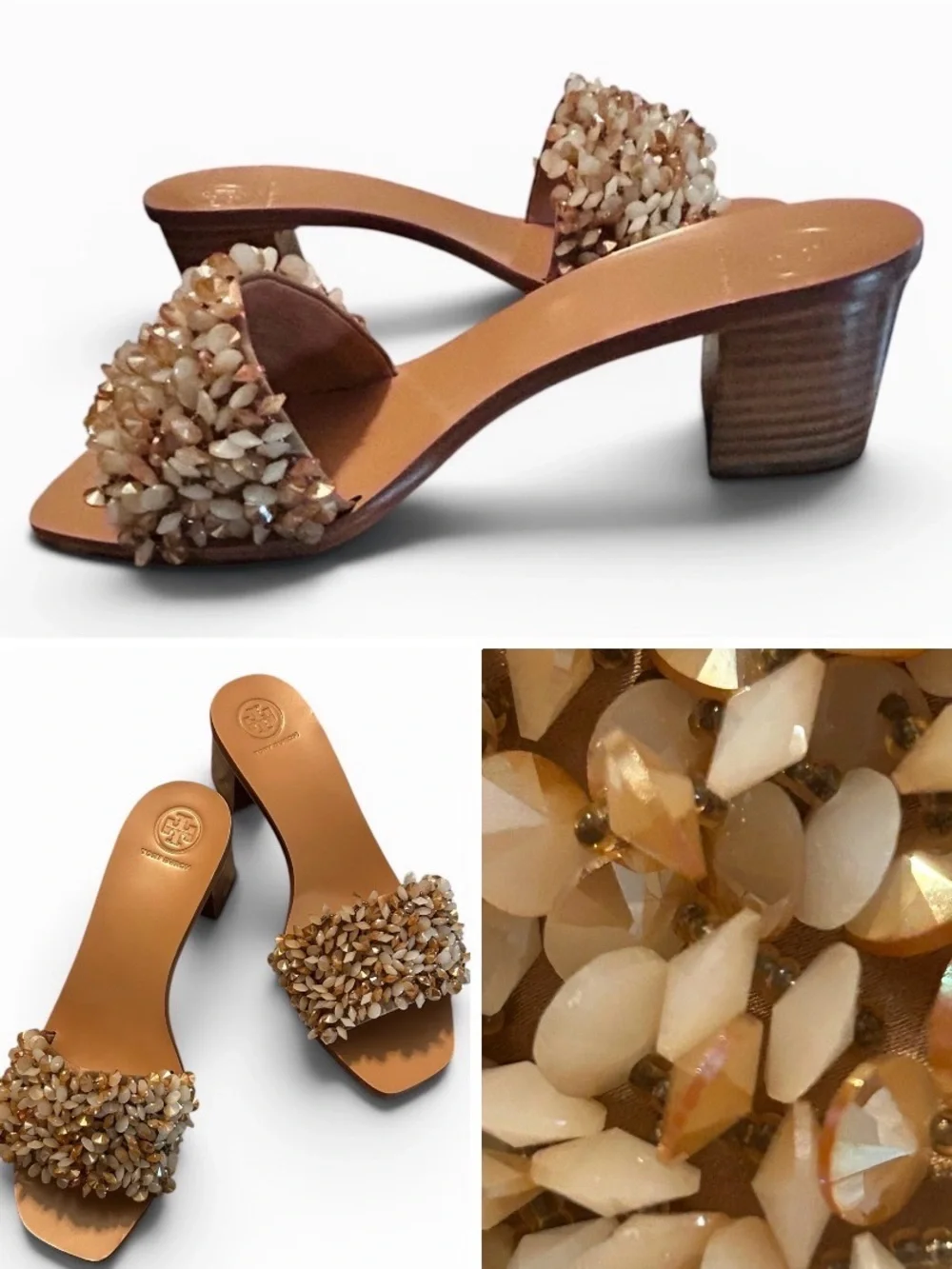 Tory Burch NWOT Logan satin and crystal beaded slides
